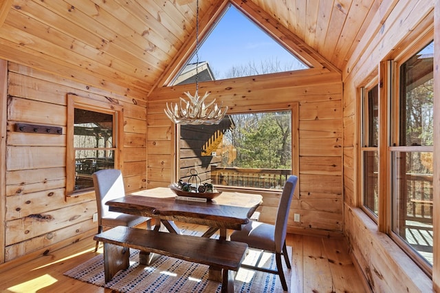 dining room featuring light hardwood / wood-style floors, plenty of natural light, and wooden walls