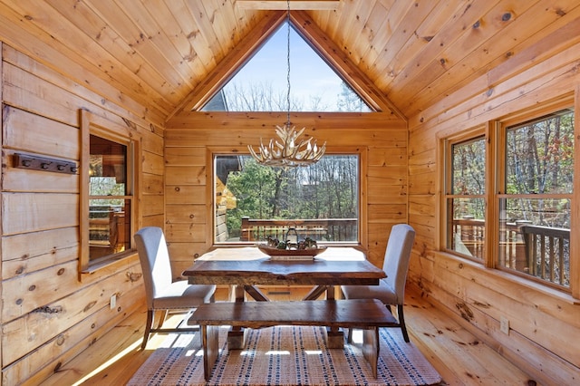 dining room with light hardwood / wood-style floors, wooden walls, an inviting chandelier, and wood ceiling