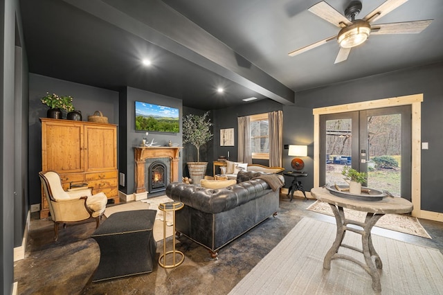 living room featuring ceiling fan and french doors