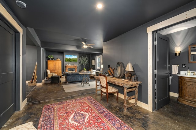 interior space featuring ceiling fan