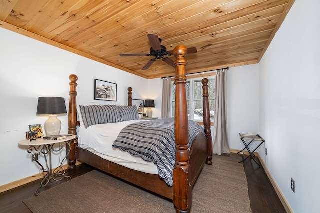 bedroom with crown molding, vaulted ceiling, ceiling fan, and wood ceiling