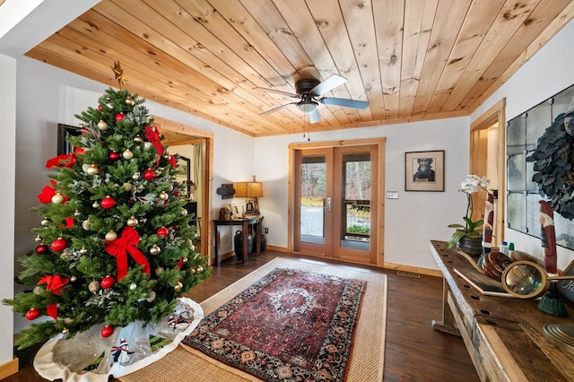 entryway featuring wood ceiling, ceiling fan, french doors, and dark hardwood / wood-style floors