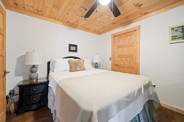 bedroom with wood ceiling, ceiling fan, and dark wood-type flooring