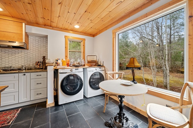 laundry area with wooden ceiling and washer and clothes dryer