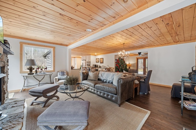 living room with beamed ceiling, a stone fireplace, dark hardwood / wood-style floors, a chandelier, and wooden ceiling