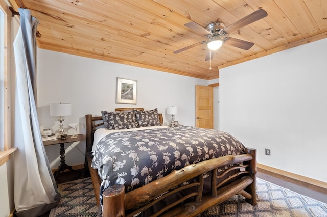 bedroom with crown molding, wooden ceiling, and ceiling fan