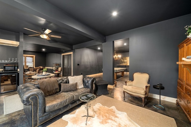 living room featuring beamed ceiling, wine cooler, and ceiling fan