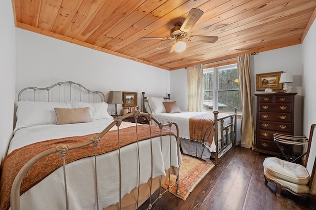 bedroom featuring ceiling fan, dark hardwood / wood-style flooring, ornamental molding, and wooden ceiling