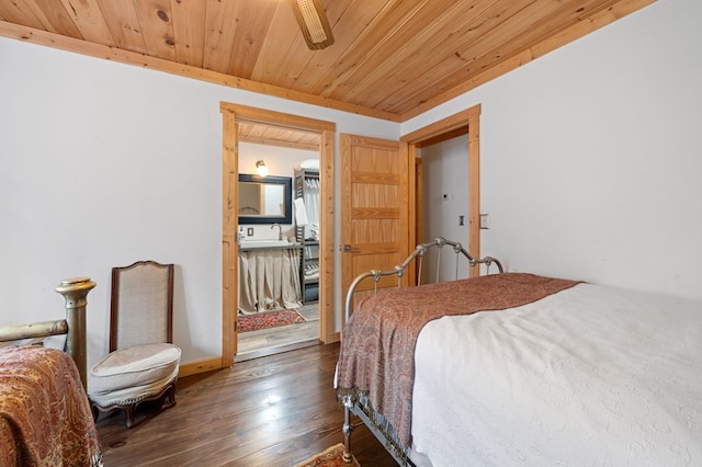 bedroom featuring ceiling fan, dark wood-type flooring, sink, and wood ceiling