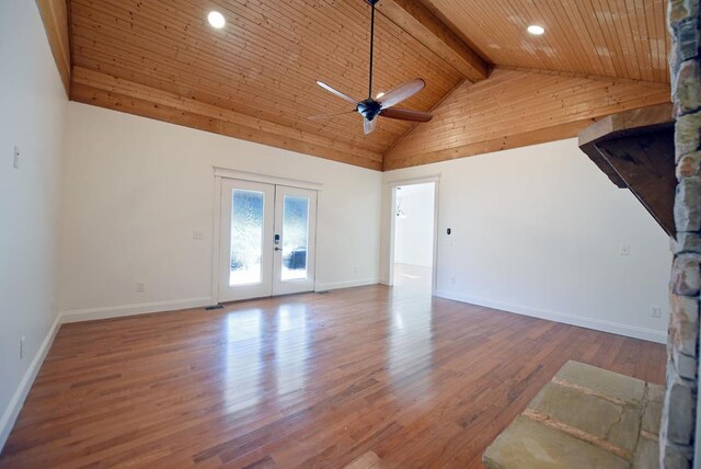 living room with a fireplace, high vaulted ceiling, light hardwood / wood-style flooring, and wooden ceiling