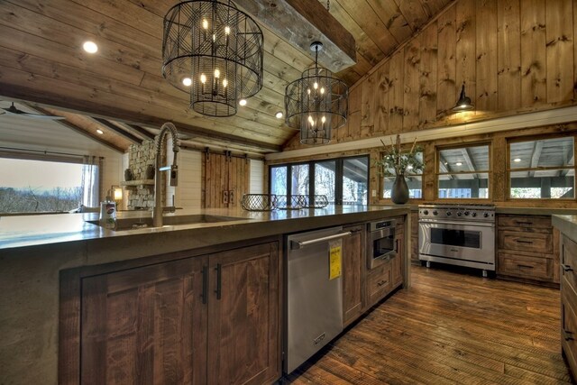 kitchen featuring wood ceiling, a chandelier, a sink, dark wood finished floors, and appliances with stainless steel finishes