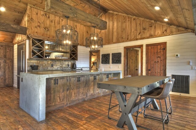 kitchen featuring visible vents, dark wood finished floors, wood walls, wooden ceiling, and high vaulted ceiling