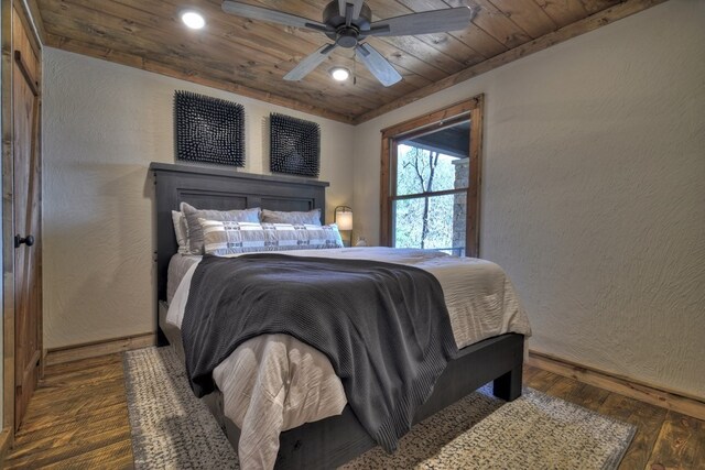 bedroom featuring recessed lighting, a ceiling fan, hardwood / wood-style floors, and wooden ceiling