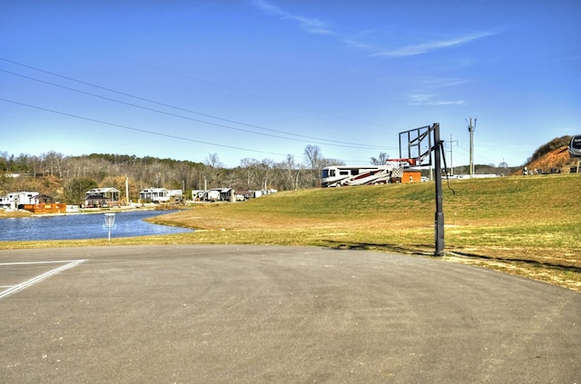 view of street with a water view