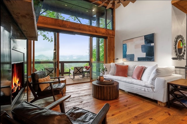 living room featuring a fireplace, a high ceiling, and wood finished floors