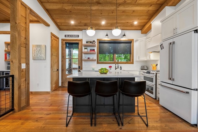 kitchen featuring wooden ceiling, white cabinetry, a sink, and high quality appliances