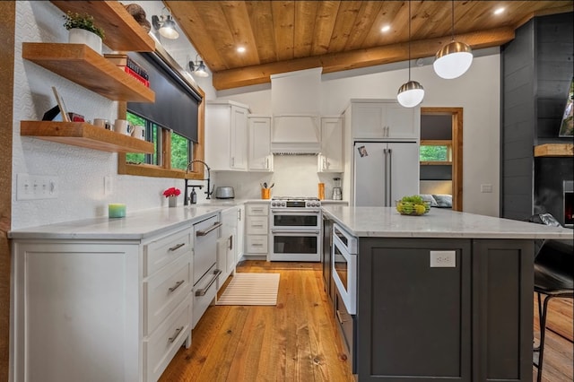 kitchen featuring premium appliances, a breakfast bar area, open shelves, tasteful backsplash, and wood ceiling