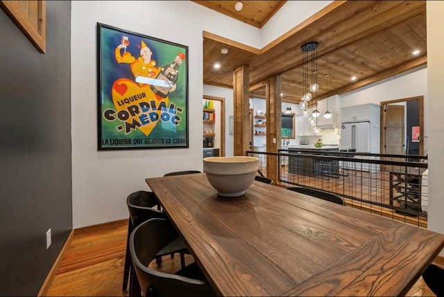 dining area with wooden ceiling, recessed lighting, wood finished floors, baseboards, and beam ceiling