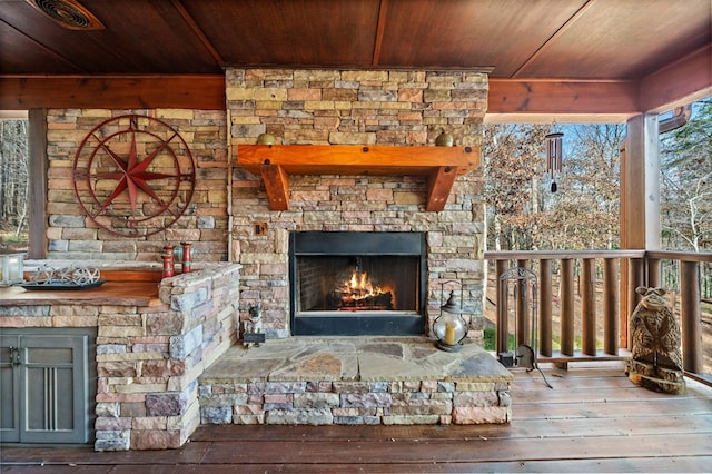 room details with an outdoor stone fireplace