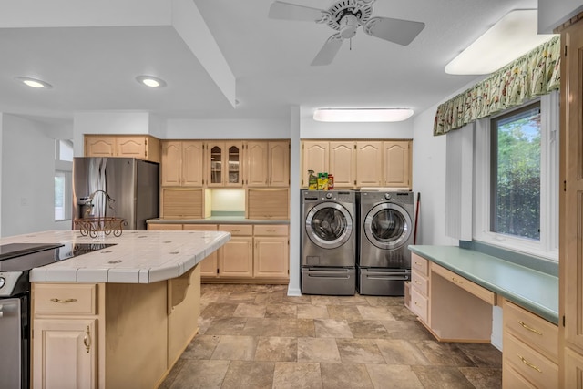498 Old Dyer Rd, Hayesville, NC 28904 - laundry area with washing machine and clothes dryer, ceiling fan, recessed lighting, and stone finish floors