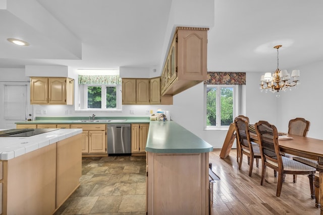 498 Old Dyer Rd, Hayesville, NC 28904 - kitchen with stainless steel dishwasher, light brown cabinets, plenty of natural light, a sink, and recessed lighting