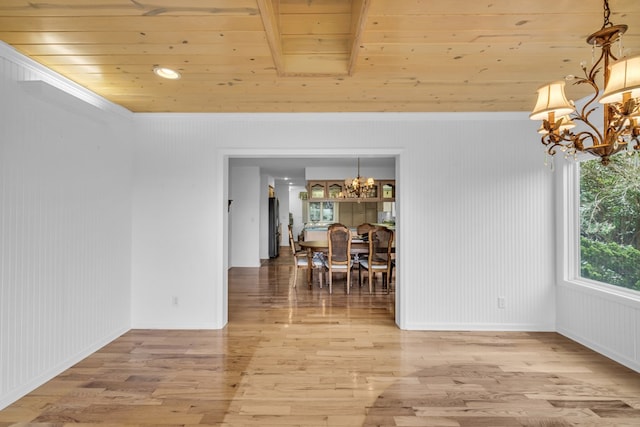 498 Old Dyer Rd, Hayesville, NC 28904 - dining room featuring a chandelier, light wood finished floors, and wood ceiling