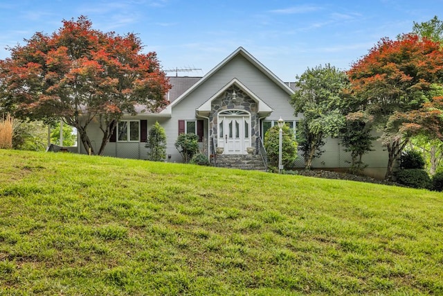 498 Old Dyer Rd, Hayesville, NC 28904 - view of front facade featuring a front lawn and stone siding