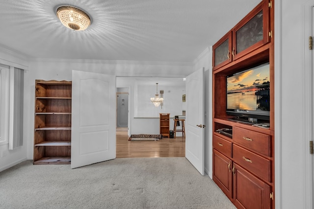 498 Old Dyer Rd, Hayesville, NC 28904 - carpeted living area with a chandelier, crown molding, and baseboards