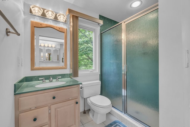 498 Old Dyer Rd, Hayesville, NC 28904 - bathroom with a stall shower, tile patterned floors, toilet, and vanity