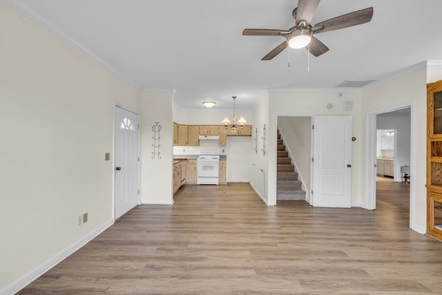 498 Old Dyer Rd, Hayesville, NC 28904 - unfurnished living room featuring a chandelier, stairway, a ceiling fan, ornamental molding, and baseboards