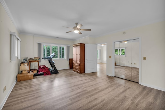 498 Old Dyer Rd, Hayesville, NC 28904 - bedroom with crown molding, light wood-style flooring, baseboards, and a ceiling fan