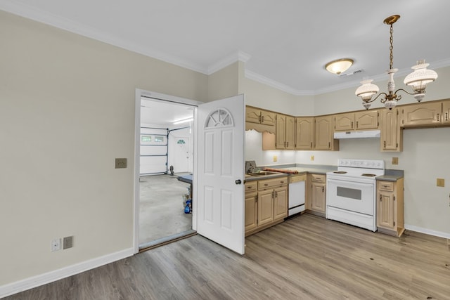 498 Old Dyer Rd, Hayesville, NC 28904 - kitchen with white range with electric stovetop, ornamental molding, a chandelier, light wood-style floors, and under cabinet range hood