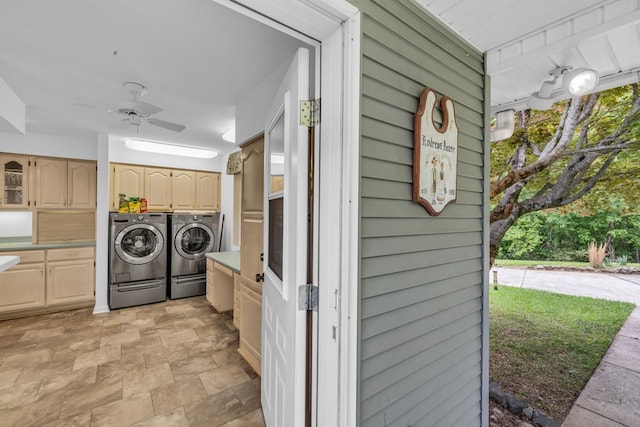 498 Old Dyer Rd, Hayesville, NC 28904 - laundry area with cabinet space, independent washer and dryer, stone finish floors, and ceiling fan