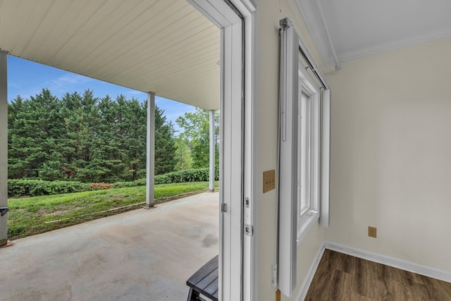 498 Old Dyer Rd, Hayesville, NC 28904 - doorway with crown molding, baseboards, and wood finished floors