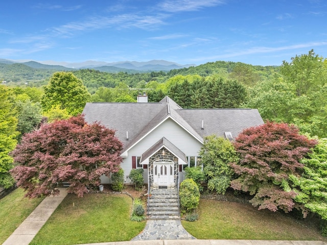 498 Old Dyer Rd, Hayesville, NC 28904 - view of front of house featuring a mountain view, a chimney, and a front yard
