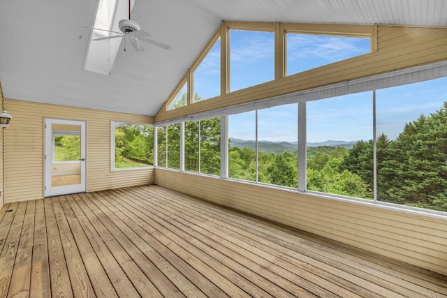 498 Old Dyer Rd, Hayesville, NC 28904 - unfurnished sunroom with a ceiling fan, lofted ceiling, a mountain view, and a skylight
