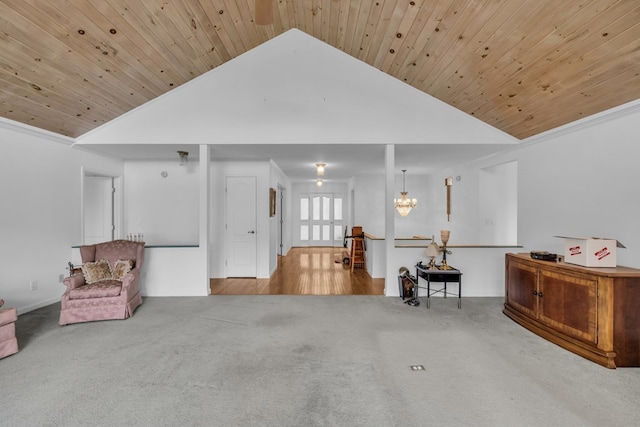 498 Old Dyer Rd, Hayesville, NC 28904 - sitting room with carpet floors, vaulted ceiling, wood ceiling, and a chandelier