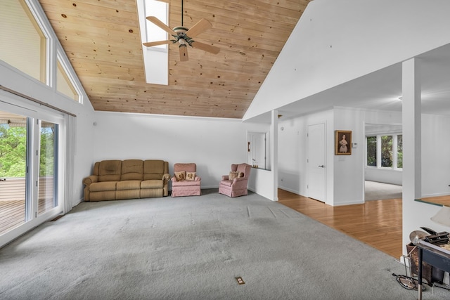498 Old Dyer Rd, Hayesville, NC 28904 - unfurnished living room with carpet, wood ceiling, high vaulted ceiling, a ceiling fan, and wood finished floors