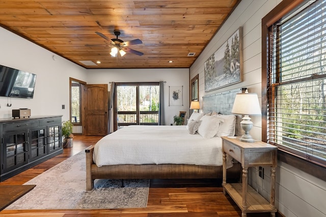 bedroom featuring access to exterior, wood finished floors, and wood ceiling