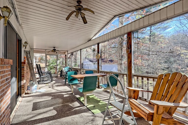 sunroom / solarium with ceiling fan, lofted ceiling, and wood ceiling