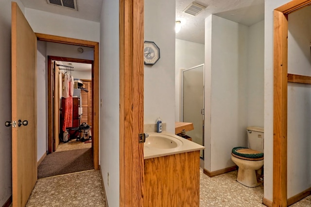 bathroom with vanity, toilet, and walk in shower