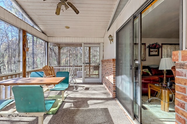 sunroom featuring ceiling fan, wood ceiling, and vaulted ceiling