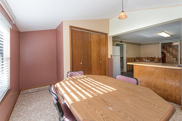 dining area featuring lofted ceiling and a textured ceiling