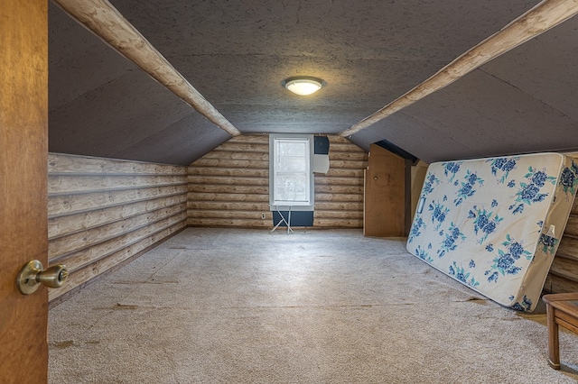 additional living space featuring log walls, a textured ceiling, carpet flooring, and lofted ceiling