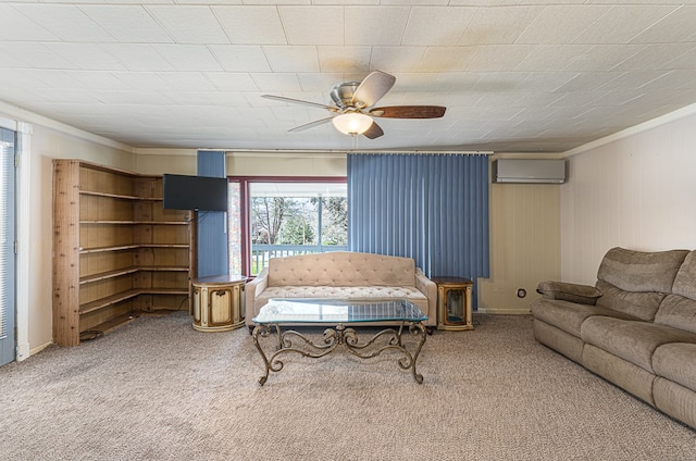 carpeted living room with ceiling fan, crown molding, and a wall mounted AC