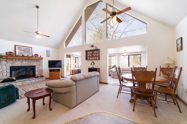 1544 Country Walk, Murphy, NC 28906 - living area with baseboards, a fireplace, high vaulted ceiling, and a ceiling fan