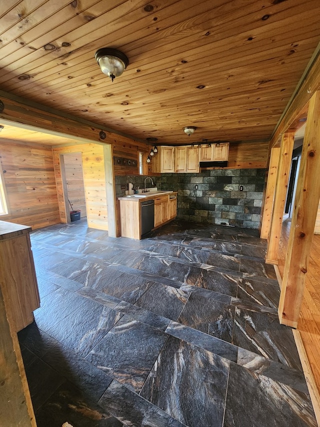 27 Russell Farm Rd, Andrews, NC 28901 - kitchen featuring black dishwasher, wood walls, wooden ceiling, light brown cabinetry, and a sink