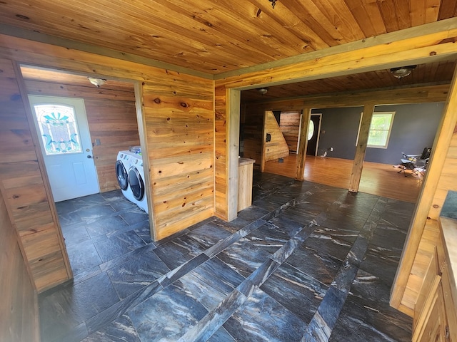 27 Russell Farm Rd, Andrews, NC 28901 - empty room with washer and clothes dryer, wooden ceiling, and wood walls