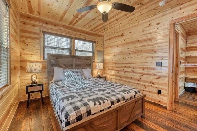 bedroom featuring dark wood-style floors, wood walls, and wood ceiling