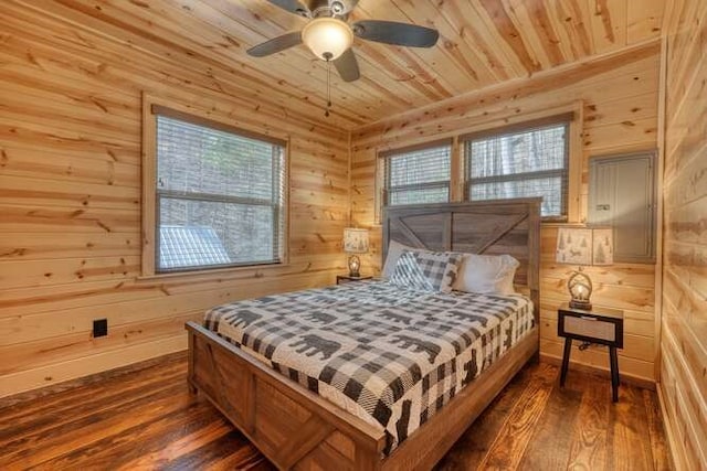 bedroom featuring wood walls, wooden ceiling, and hardwood / wood-style flooring